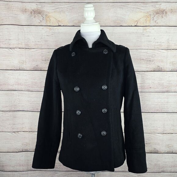Vintage J. Crew 100% Wool Classic Double Breasted Peacoat Medium Black Y2K - Picture 1 of 8